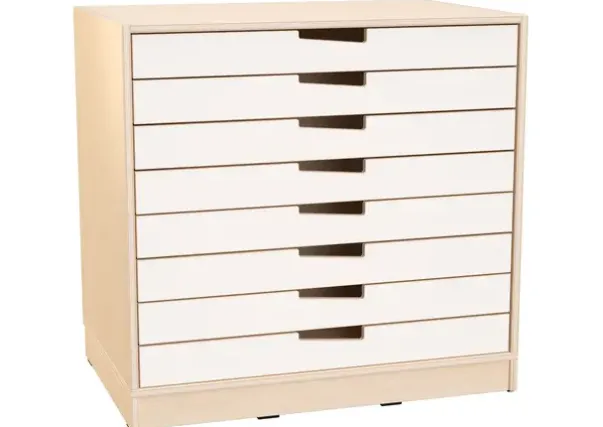 Hedda M kartongreol med skuffer hvit